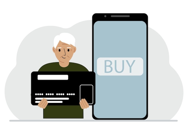 画面に [購入] ボタンがあるスマートフォンの横に巨大なクレジット カードを持っている男性 携帯電話を介したオンライン決済の概念