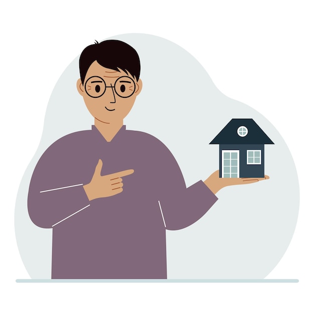 Вектор Мужчина держит в ладони небольшой дом. концепции наследования недвижимости, передачи ипотечного кредита или покупки дома.