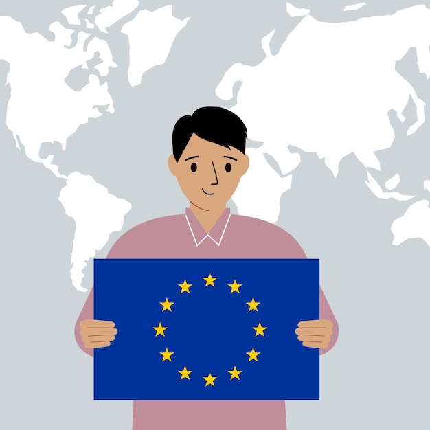 Вектор Мужчина держит в руках флаг европейского союза на фоне карты мира