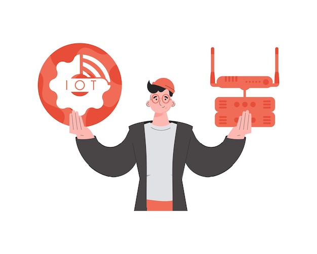 Мужчина держит в руках логотип интернета вещей роутер и сервер концепция интернета вещей изолированная векторная иллюстрация в плоском стиле
