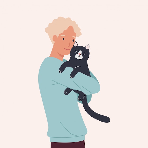 벡터 그의 귀여운 검은 고양이를 포옹하는 사람. 행복 애완 동물 소유자의 초상화입니다. 플랫 스타일의 벡터 일러스트 레이션