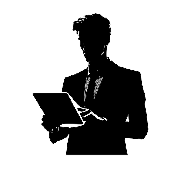 Вектор Мужчина в костюме держит планшет бизнесмен стоит с планшетным векторным силуэтом
