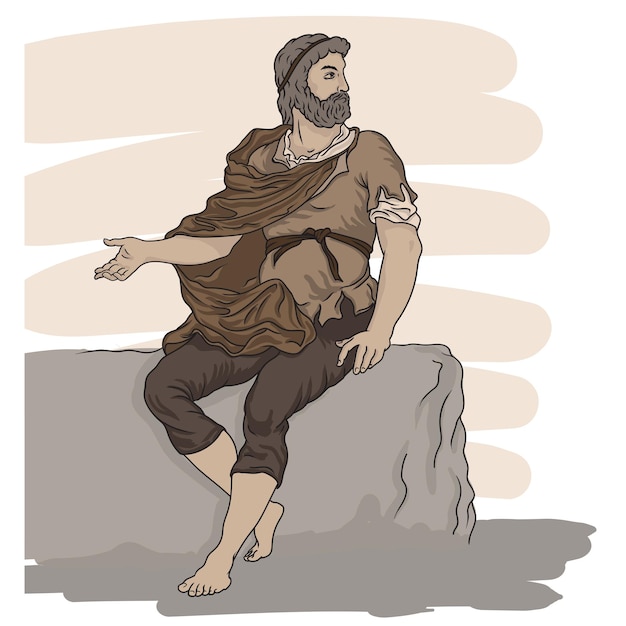 昔ながらの服を着た男が石の上に座って身振りをします。