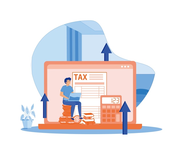 ベクトル a man is completing an online declaration form using a laptop taxation planning concept flat vector modern illustration