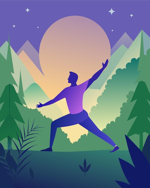 Вектор a man is dancing in the forest with the moon in the background