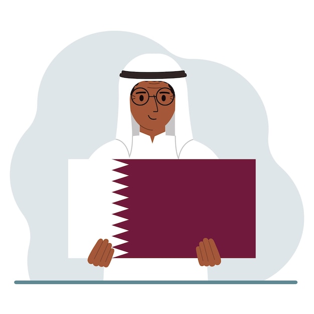 벡터 한 남자가 카타르의 국기를 손에 들고 있다 시위 공휴일이나 애국심이라는 개념 국적