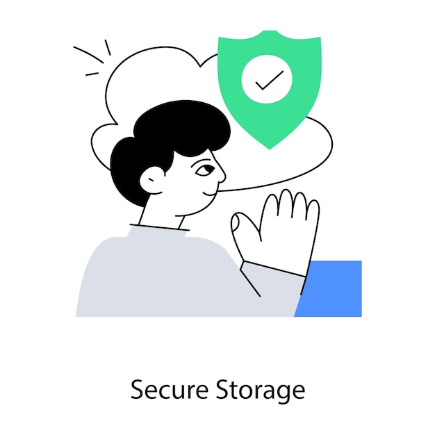 ベクトル 男性は、その上に「安全なストレージ」という言葉が書かれた緑の盾を見ています。
