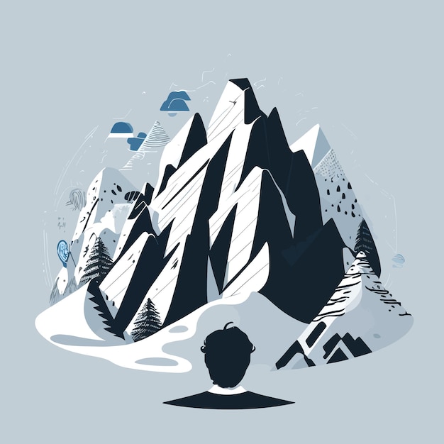 Вектор Мужчина смотрит на гору с голубым фоном и синим фоном.