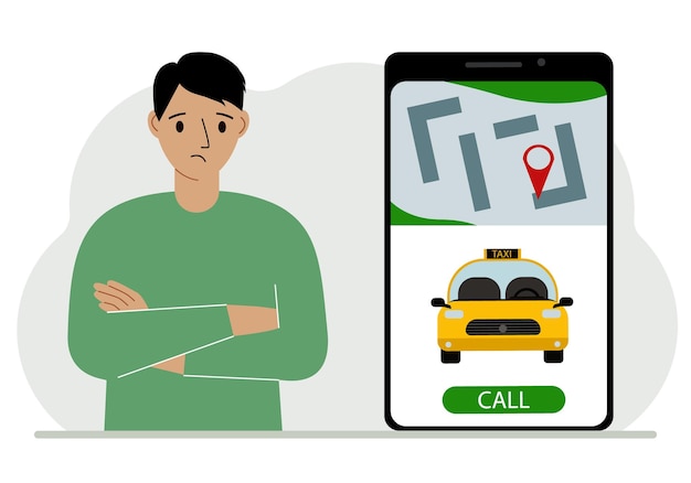 Мужчина рядом с большим смартфоном на экране которого есть такси и геолокация концепция мобильного приложения такси или заказ такси онлайн