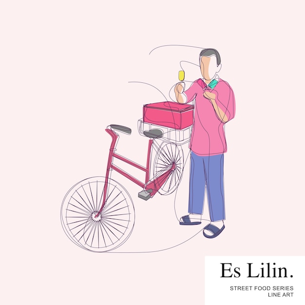 ベクトル 彼の自転車、インドネシアのストリート フード ベンダー漫画ライン アート ベクトルでエス リリンを売る男