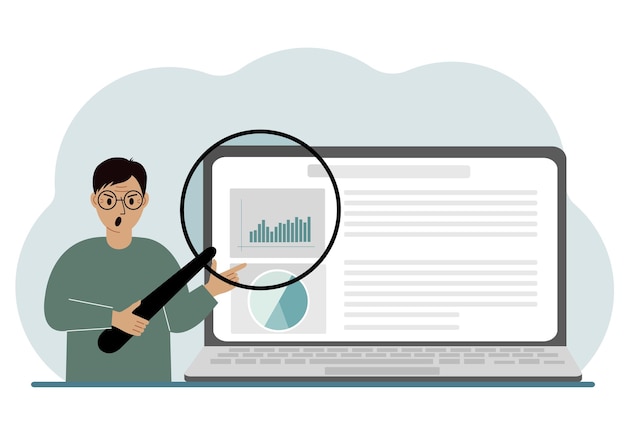 Мужчина показывает отчет презентации на ноутбуке с векторной иллюстрацией увеличительного стекла концепция планирования аудита финансового бизнес-анализа