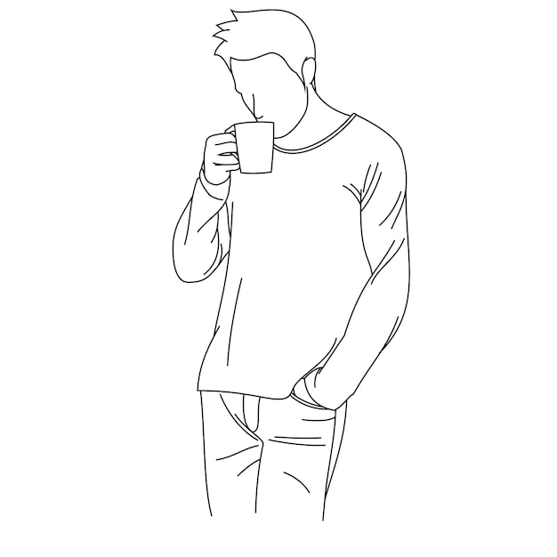 朝のコーヒーをすすりながら飲む男おいしいコーヒーの香りで笑って幸せな男