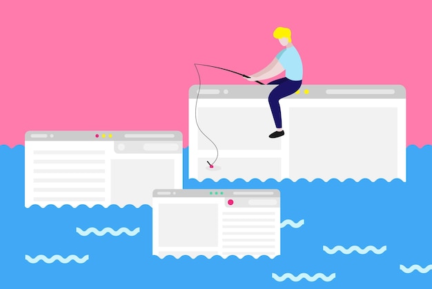 한 남자가 후크에 웹 페이지를 잡으려고 하는 컴퓨터 창에 앉아 아이디어의 바다에서 웹 디자인을 찾습니다. 신선한 형태 개념 파스텔 색상 시작 소셜 미디어 광고 마케팅 Ui Ux 프로세스