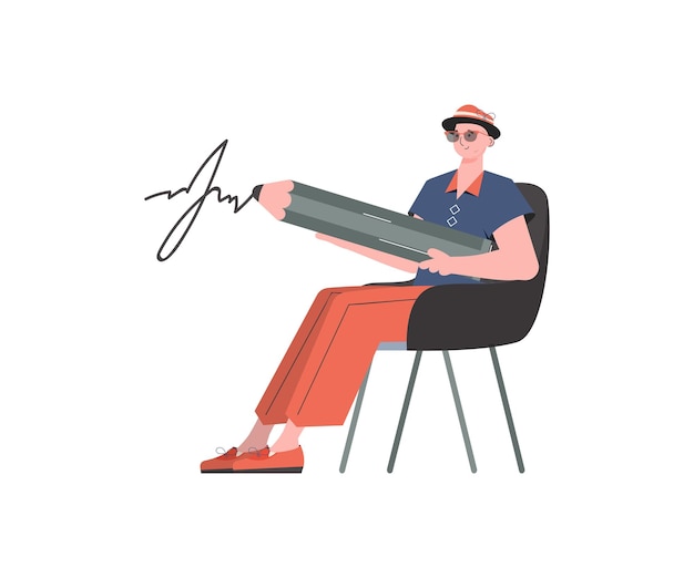 벡터 한 남자가 의자에 앉아 프리젠테이션 벡터 그림을 위해 격리된 요소에 서명합니다.