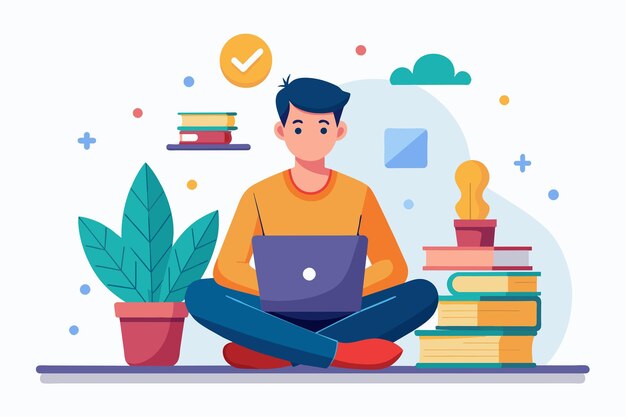 Vector a man sitting on the floor working on a laptop placed on a book man in front of a laptop sitting on a book online learning simple and minimalist flat vector illustration