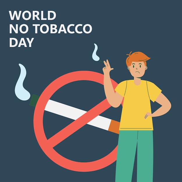 Мужчина курит и недоволен нарисованная от руки иллюстрация ко всемирному дню без табака