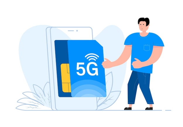 画面上のスマートフォンの近くに立つ男性 5g sim カード モバイル通信技術