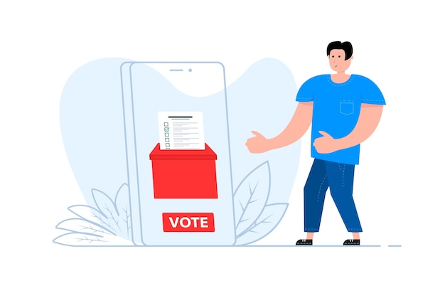 Вектор Мужчина стоит возле смартфона на экране онлайн-голосование приложение госуслуг