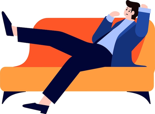 ベクトル 背景に孤立した平らなスタイルのソファに横たわっている疲れた男