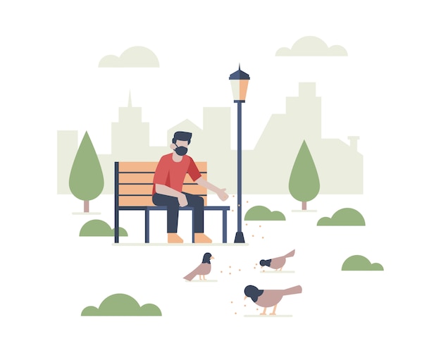 Вектор Мужчина в маске сидит в общественном парке во время кормления птиц с изображением городского пейзажа