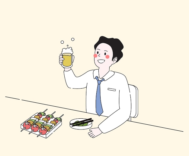 Человек, который пьет в одиночестве после работы иллюстрации набор пивной шашлык приятная кулинария векторный рисунок
