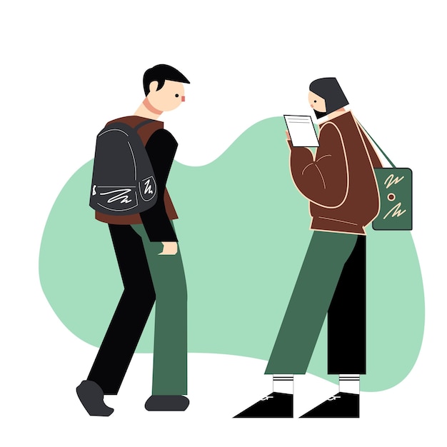 Мужчина с рюкзаком и женщина, читающая книгу векторная иллюстрация в плоском стиле для образования
