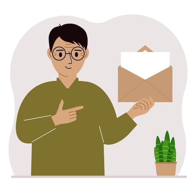 Вектор Человек с открытым конвертом с письмом пустой лист бумаги для текстового шаблона концепция почты отправка приглашения с уведомлением о сообщении