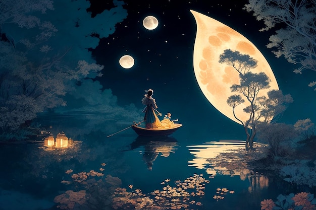 Вектор Завораживающая сцена волн, разбивающихся о берег под большой светящейся луной.