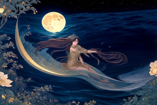 Вектор Завораживающая сцена волн, разбивающихся о берег под большой светящейся луной.