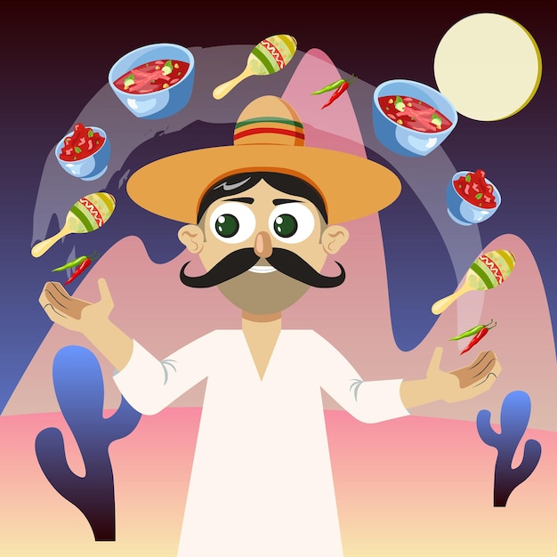 Вектор Мексиканец жонглирует различными видами еды на фоне гор и кактусов
