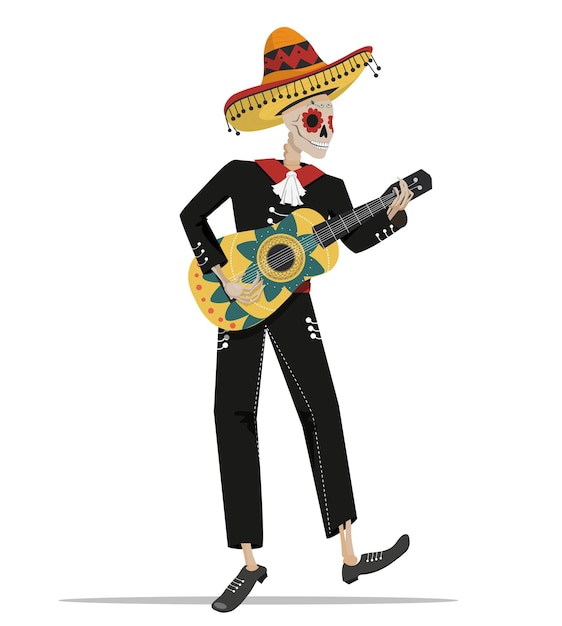 Вектор Мексиканский скелет музыканта с гитарой в национальном костюме и сомбреро в полный рост. элементы дизайна на белом фоне для макетов и открыток. векторные иллюстрации в мультяшном стиле.