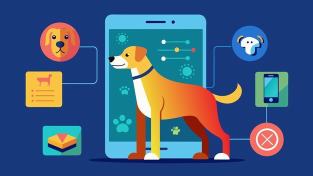 Вектор Мобильное приложение, которое использует искусственный интеллект для анализа языка тела собак и предоставляет