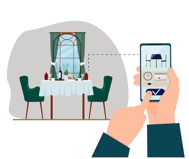 Вектор Мобильное приложение в смартфоне для бронирования столиков в ресторане виртуальный сервис бронирования