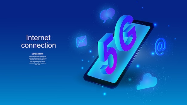 Мобильный телефон со знаком подключения к интернету 5g. наука, футуристический, сеть, концепция сети, коммуникации, высокие технологии.