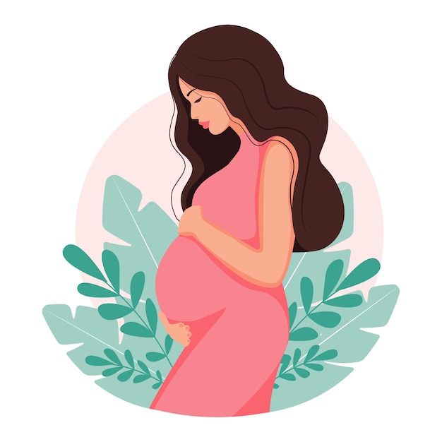 Вектор Современная иллюстрация о беременности и материнстве. красивая молодая женщина с длинными волосами. минималистичный дизайн, иллюстрация в мультяшном плоском стиле.