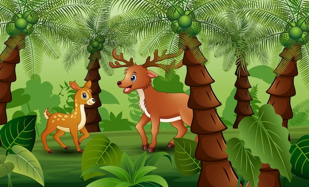 手のひらのジャングルで遊んでいるカブスと母鹿