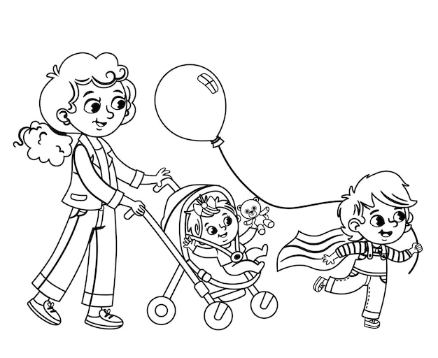 Мать с детьми на прогулку черно-белые векторные иллюстрации