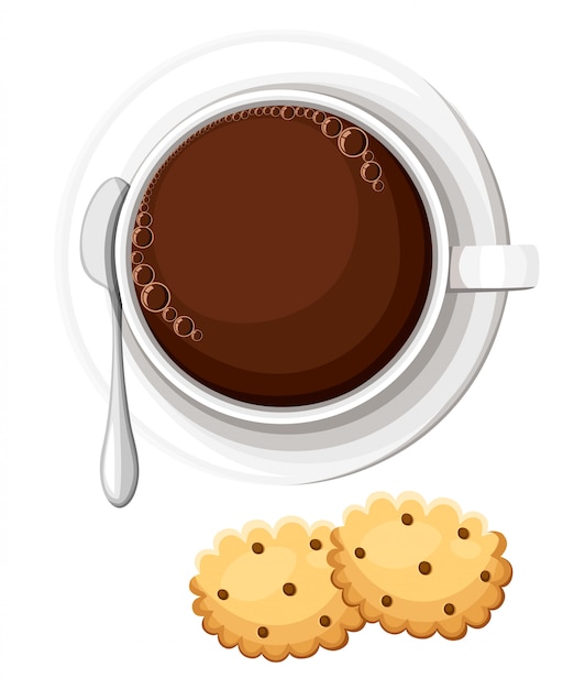 뜨거운 차 또는 커피 머그. 초콜릿 칩 쿠키. 뜨거운 음료. 그림 웹 사이트 페이지 및 모바일 앱 요소입니다.