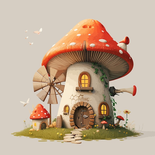 벡터 a_mushroom_house_with_a_windmill_vector