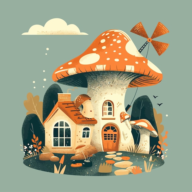 A_mushroom_house_with_a_windmill_vector
