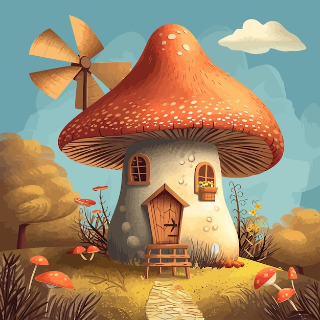 A_mushroom_house_with_a_windmill_Vector