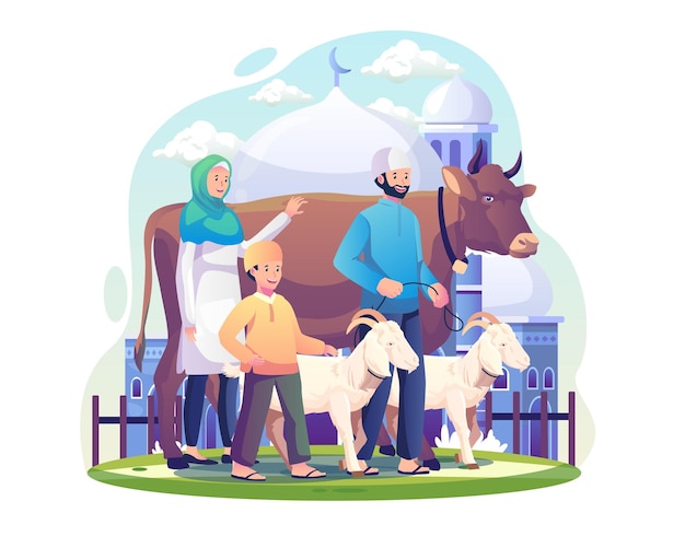 Мусульманская семья празднует курбан-байрам с коровой и несколькими козами в качестве жертвенных животных.