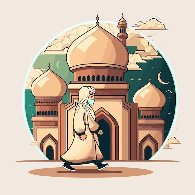 Мусульманин в маске проходит мимо мечети в рамадан