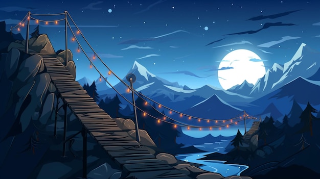 ベクトル 橋と川の夜のシーン背景に満月がある