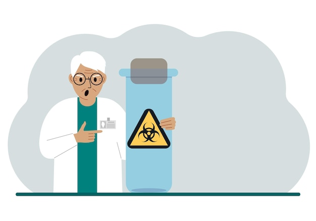 늙은 남성 의사나 과학자가 생물학적 위험 요소 또는 바이러스 경고 라벨이 붙은 시험관을 들고 있다