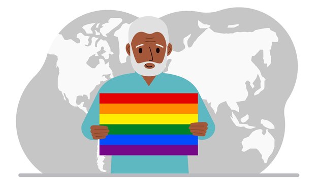 老人は、世界地図を背景にlgbtの旗を手に持っています