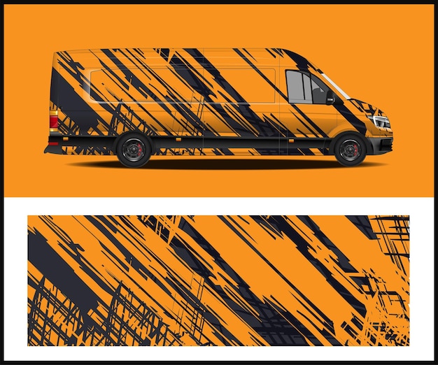 Вектор Оранжевый фургон с черными и оранжевыми полосами.