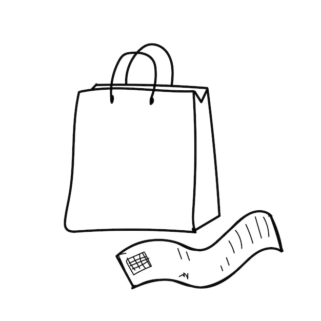 Пакет с покупками в магазине и значок чека с черными линиями