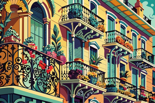 Вектор Картина здания с балконом и балконами архитектурная элегантность захватывает очарование зданий и балконов