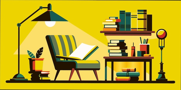 벡터 노란색 배경 에 있는 의자 와 책 의 그림